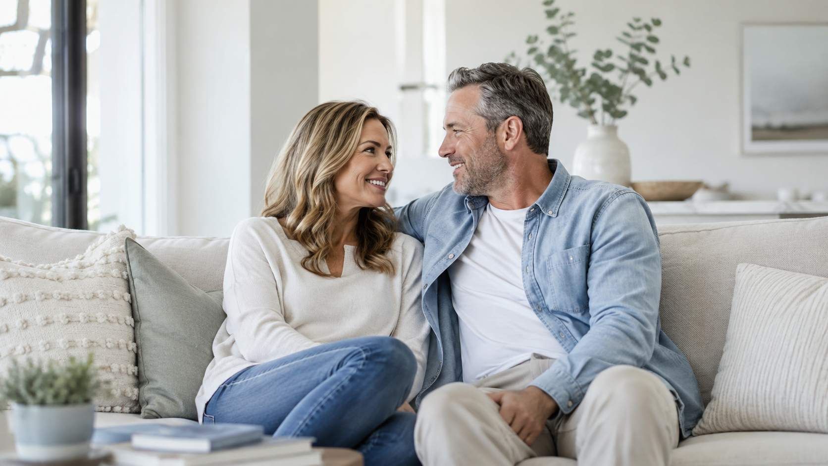 Couple reconnecting at home while working through relationship challenges