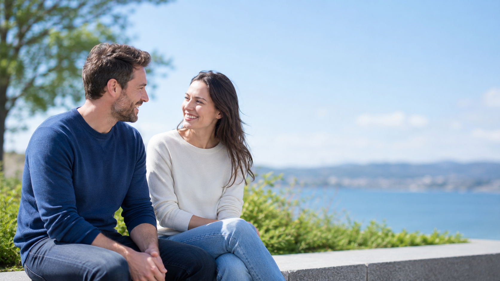 Married couple sitting together outdoors by the water, smiling and talking.